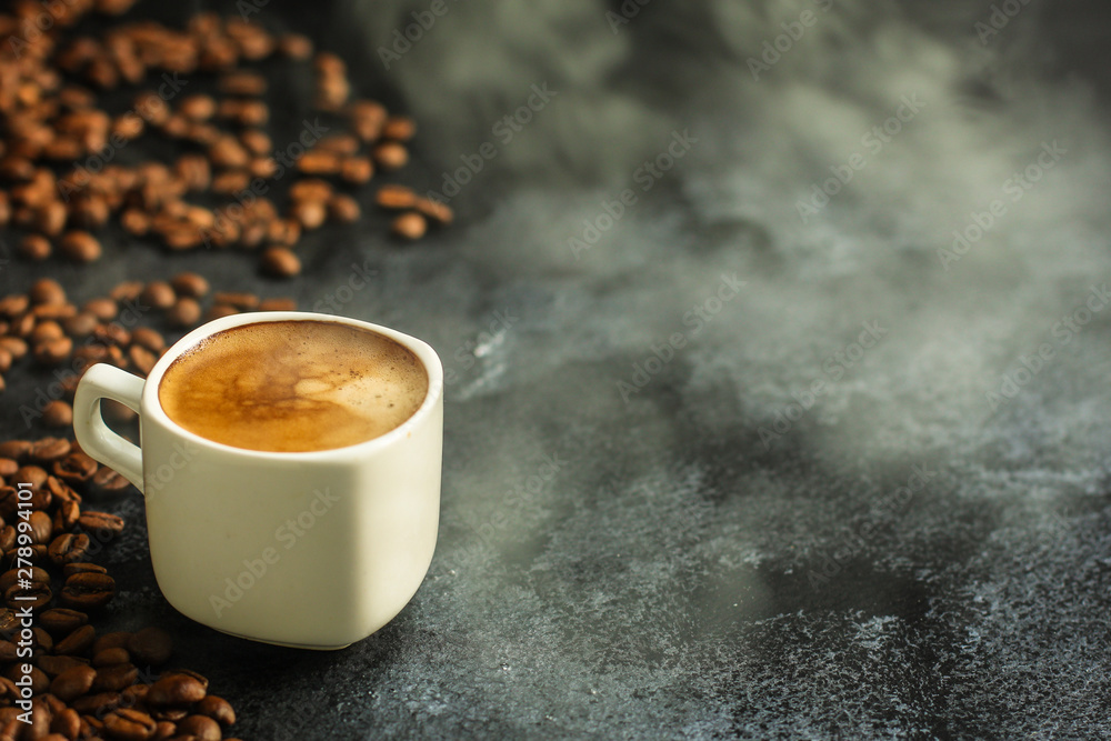 coffee freshly brewed in a white cup serving of beverage (coffee grain). food. top. copy space coffee freshly brewed in a white cup serving of beverage (coffee grain). food. top. copy space