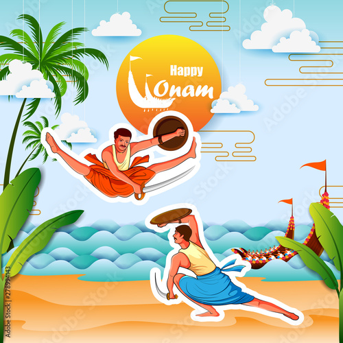 vector illustration of Happy Onam background for Festival of South India Kerala with Kalaripayattu dance form