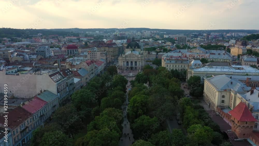 Aerial view of Lviv city center. Drone flies near City Hall. Ukraine, 4K Aerial view of Lviv city center. Drone flies near City Hall. Ukraine, 4K