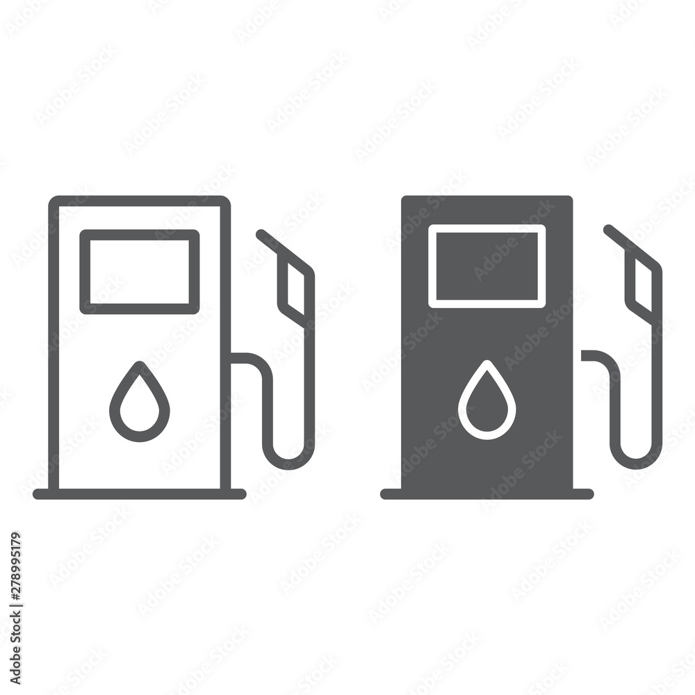 Gas station line and glyph icon, fuel and gasoline, filling station sign, vector graphics, a linear pattern on a white background. Gas station line and glyph icon, fuel and gasoline, filling station sign, vector graphics, a linear pattern on a white background.