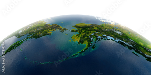 Detailed Earth on white background. Detailed Earth. Chukotka, Alaska and the Bering Strait photo