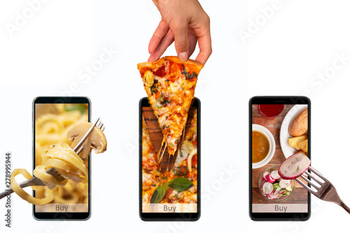Order and food delivery from your smartphone. Smartphone on white background