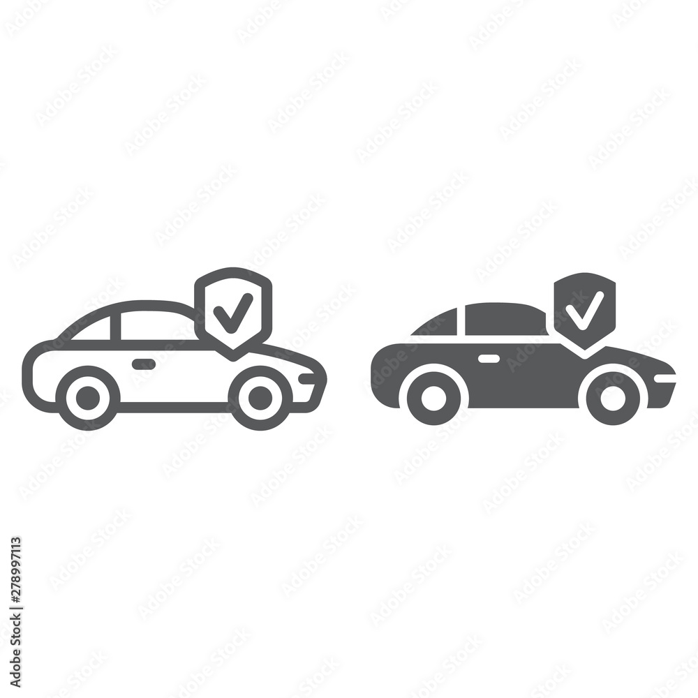 Car insurance line and glyph icon, safety and auto, automobile protection sign, vector graphics, a linear pattern on a white background. Car insurance line and glyph icon, safety and auto, automobile protection sign, vector graphics, a linear pattern on a white background.
