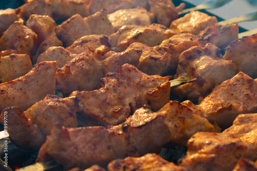 Obraz premium Grill dish. Meat on the coals. Skewers on charcoal.