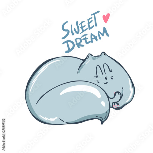 Doodle vector illustration of funny sleeping cat. sketch back white. Can be used for t-short print  poster or card.