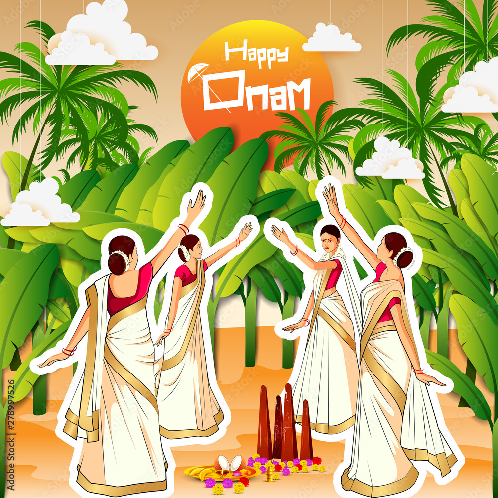 vector illustration of woman performing Thirvathirakali dance for Happy Onam  festival of South India Kerala background Stock Vector | Adobe Stock