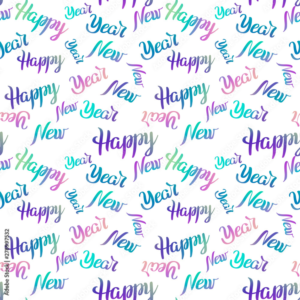 Seamless pattern Happy New Year colorful lettering on white  background. Holiday  illustration. Design for invitation, wrapping paper, card, textile, backdrop