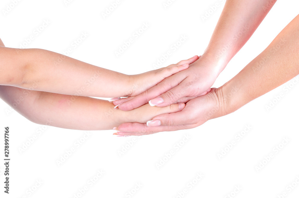 Hand of mother and little girl daughter holding each other on white background Hand of mother and little girl daughter holding each other on white background