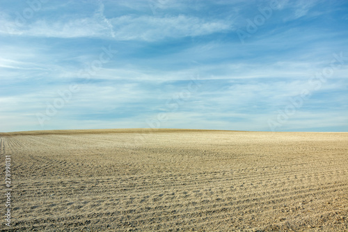 Plowed field, horizon and white clouds on a blue sky