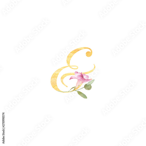 The ampersand symbol & decorated with golden pattern and hand drawn pink freesia and greenery, perfect for branding, logos, wedding invitations etc