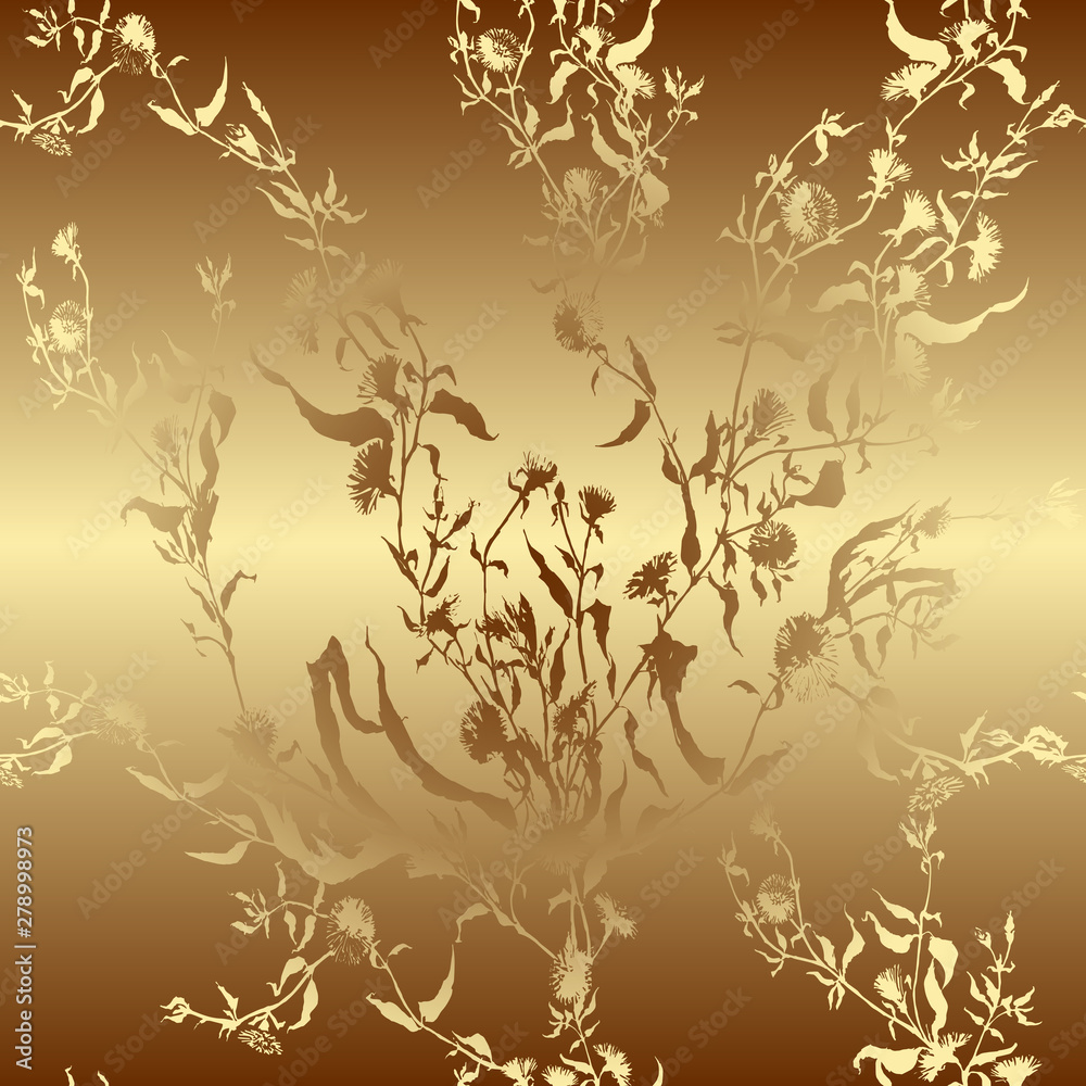 Fototapeta premium Vector background. Wildflowers. Silhouettes of plants. Bouquet with leaves, flowers and buds. Seamless pattern. Use printed materials, signs, objects, websites, maps.