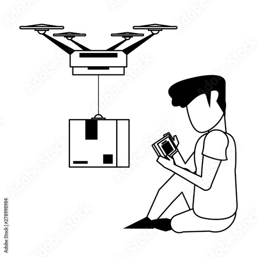 man using smartphone technology cartoon in black and white