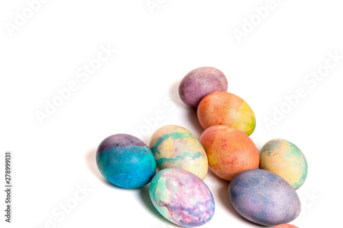 Group of easter painted eggs on white background