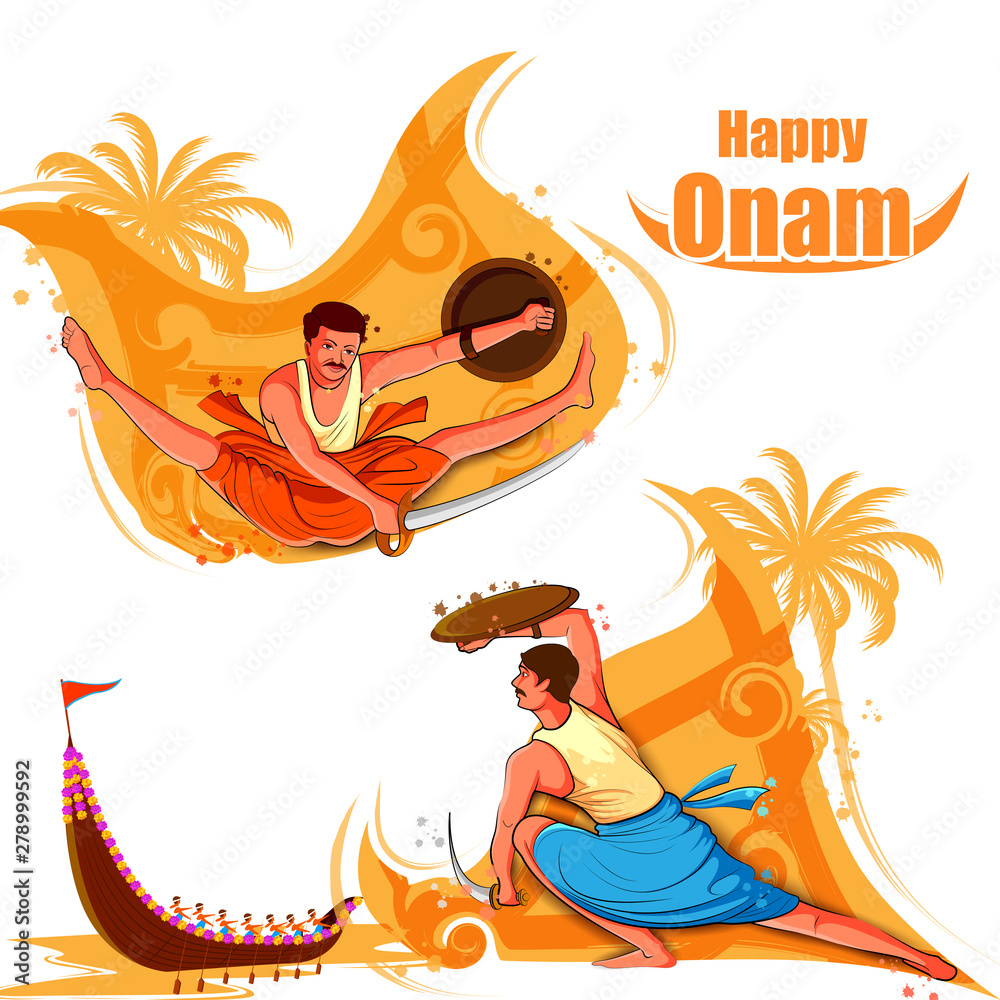 vector illustration of Happy Onam background for Festival of South India  Kerala with Kalaripayattu dance form Stock Vector | Adobe Stock