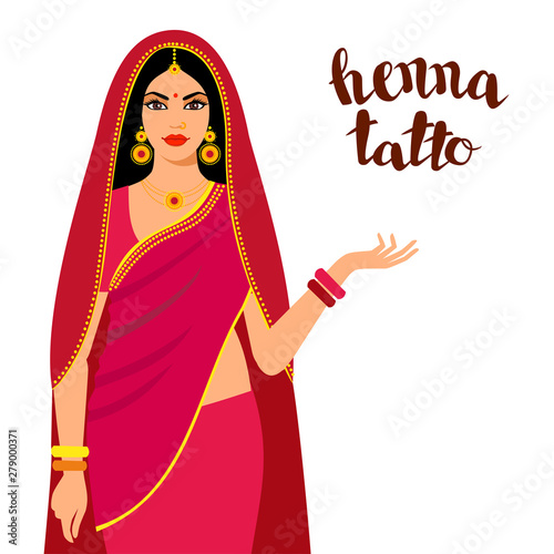 Beautiful Indian brunette young woman in colorful sari against the white background. 