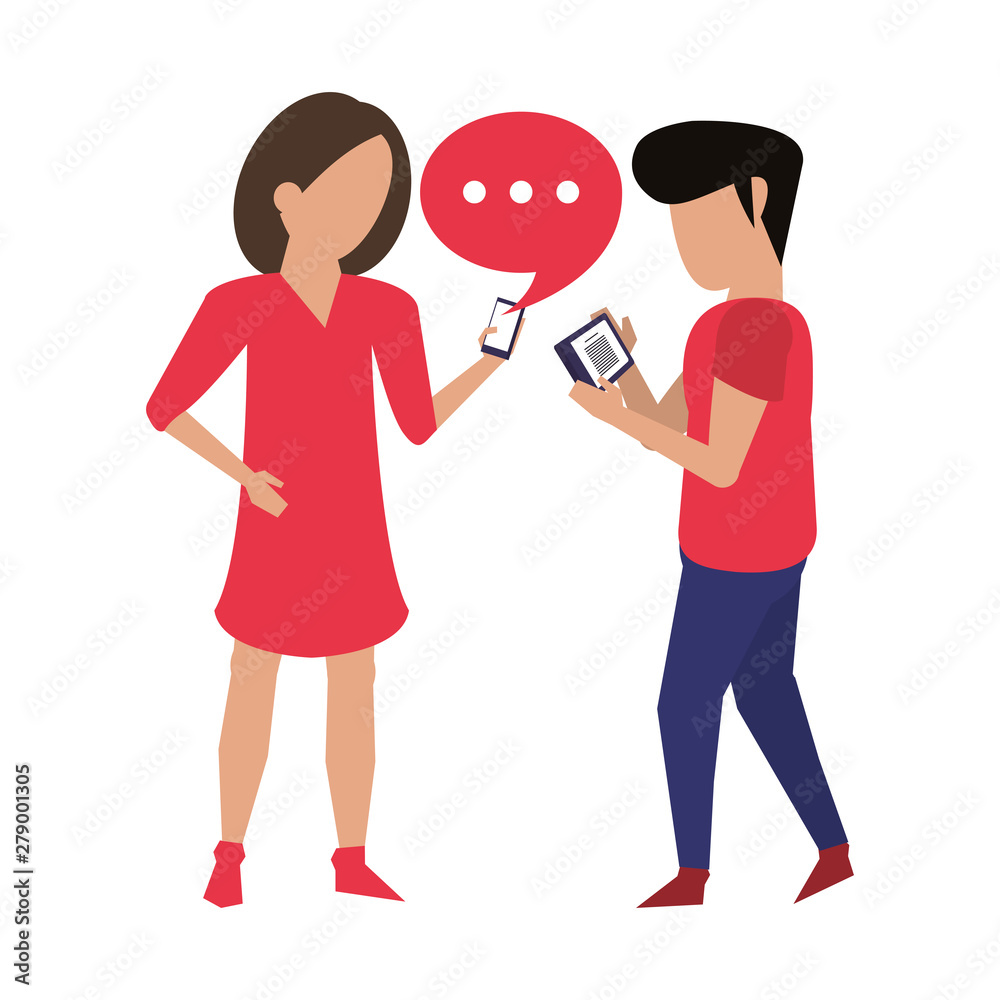 couple using smartphone technology cartoon couple using smartphone technology cartoon