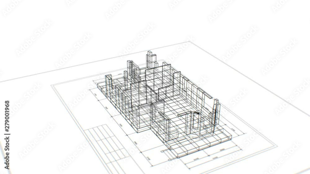 Abstract House Construction Beautiful 3d Blueprint Mesh on White. 3d Animation of Building Process on Plan. Construction Business and Technology Concept. Last Turn is Looped. 4k UHD 3840x2160.