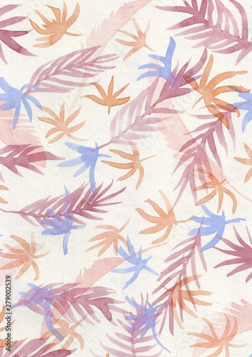 Watercolor pattern on a white background from the plant elements of tropical leaves with color overlay for packaging design, background and other types of design
