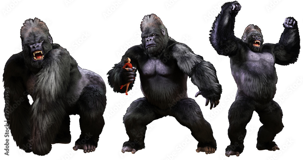 Giant monstrous gorilla 3D illustration - obrazy, fototapety, plakaty 