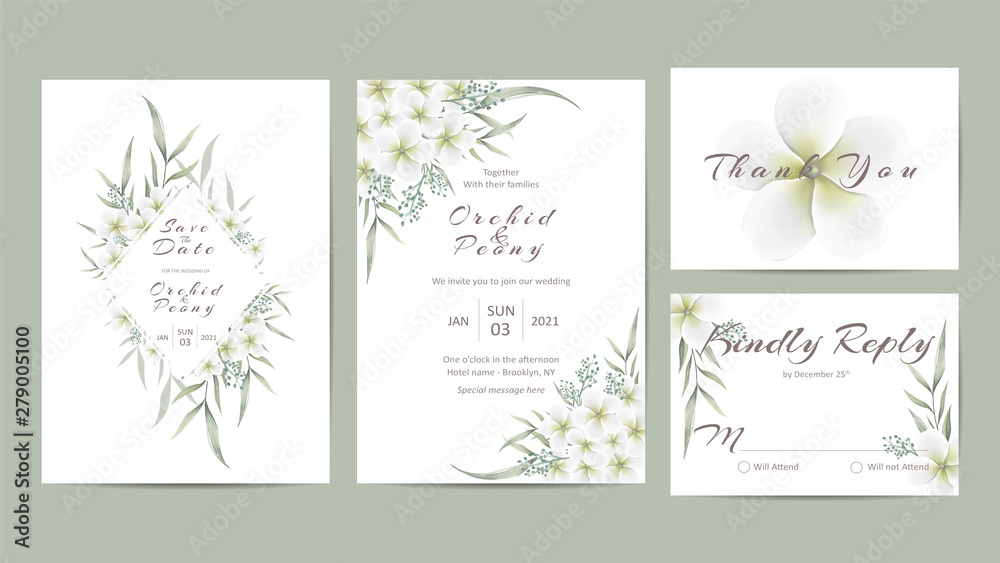 White floral wedding invitation template set