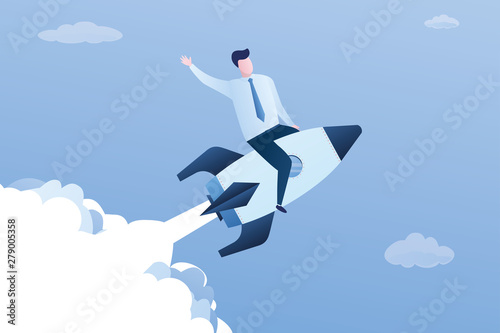 Happy caucasian man is sitting on a flying rocket, business or startup concept