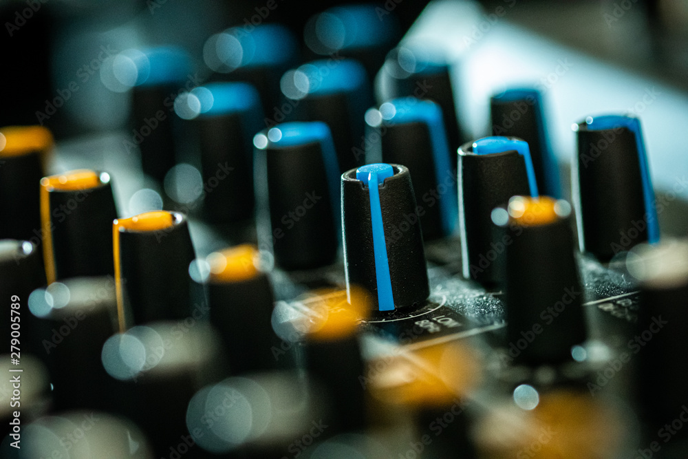 OCTOBER 2, 2017 - MALAGA, SPAIN. Close-up of knobs on an audio mixing desk