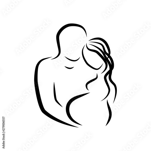 Married couple. Couple love. Birth of a child symbols. Human male person sign. Husband with pregnant wife icon. Thin line for web and mobile.