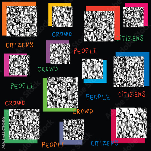 A set of design elements with fragments of people crowd sketches