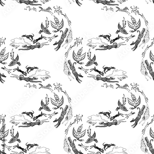 Seamless pattern of a wild hunt of fantasy creatures photo