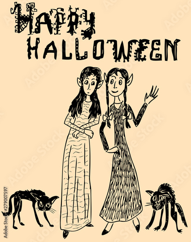 Vector card with the young witches and black cats for Halloween
