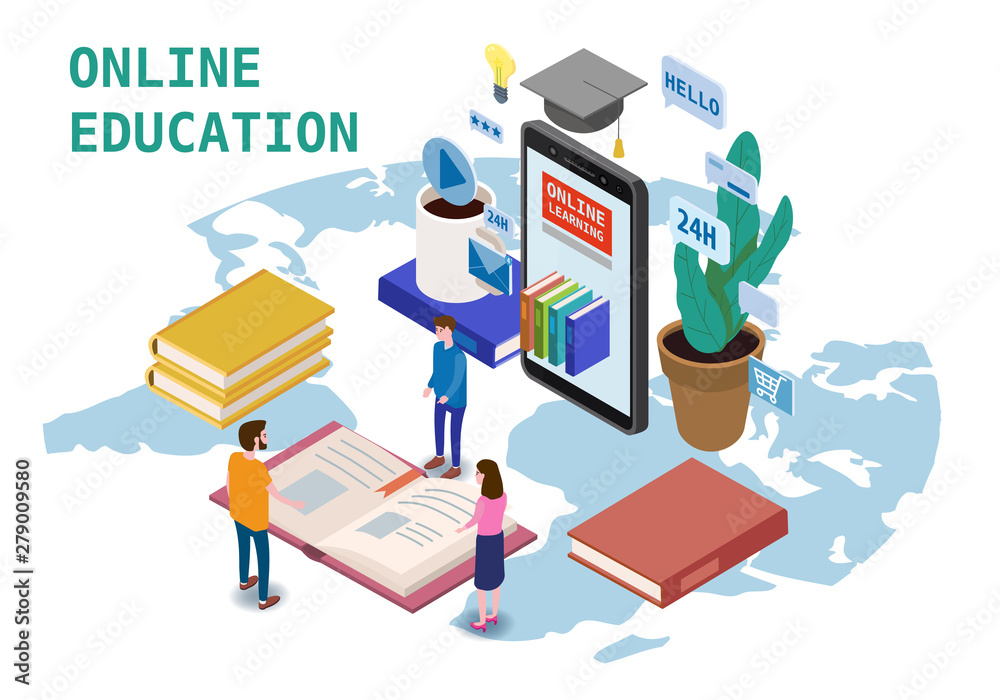 Online education isometric icons composition with little people taking books from smartphone Online education isometric icons composition with little people taking books from smartphone