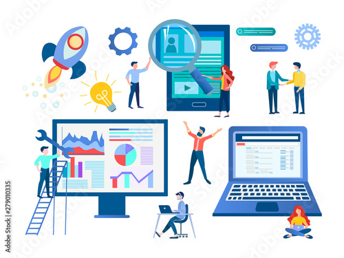 Recruiting, SEO optimization, characters work in a team