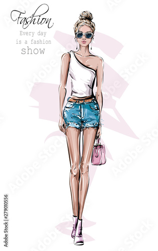 Hand drawn beautiful young woman in sunglasses. Fashion female outfit. Stylish girl in jeans shorts. Fashion woman look. Sketch. Vector illustration.