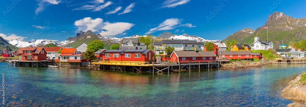 Norway, Svolver, Red Classic Norwegian Rorbu fishing huts on Lofoten islands, Norwegian traditional type of house used by fishermen