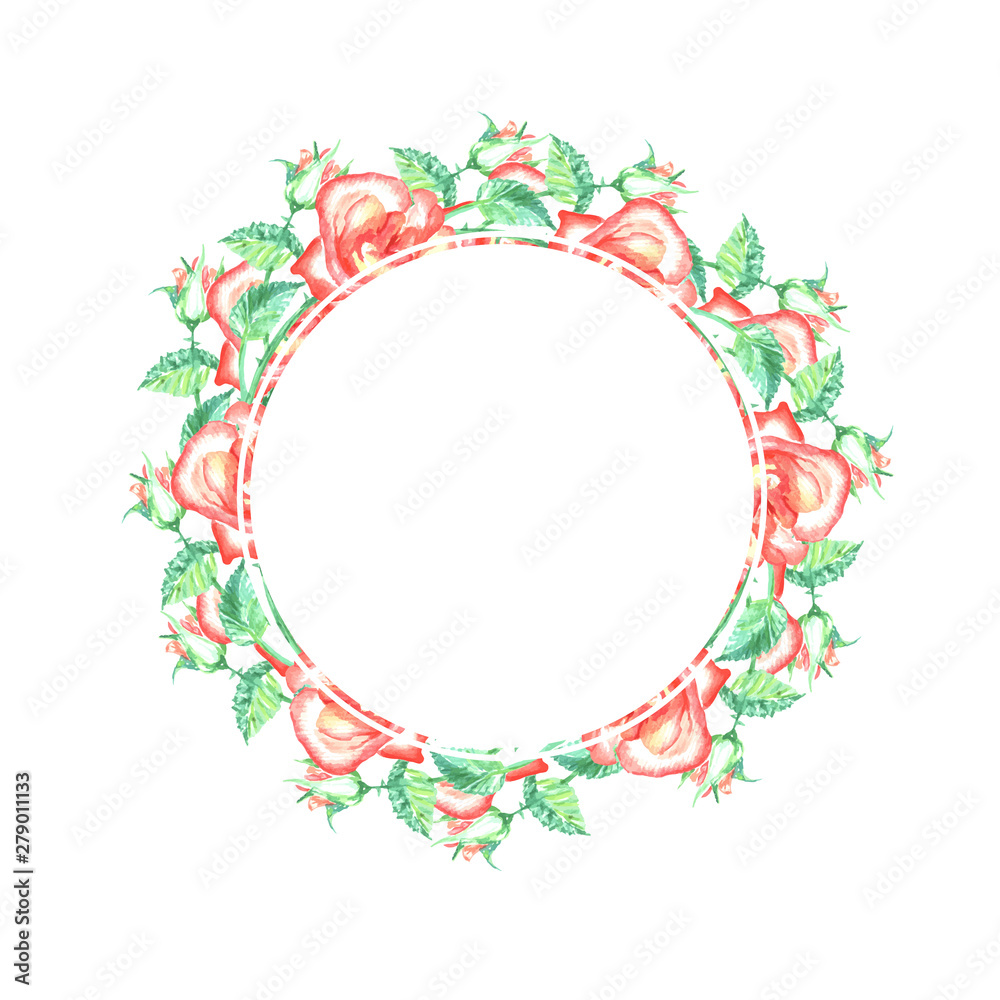 Romantic wreath with red roses and green leafs. Handdrawn artwork Romantic wreath with red roses and green leafs. Handdrawn artwork
