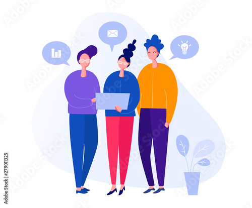 Illustration with people working in the office, making a presentation, negotiating and discussing business issues, developing ideas