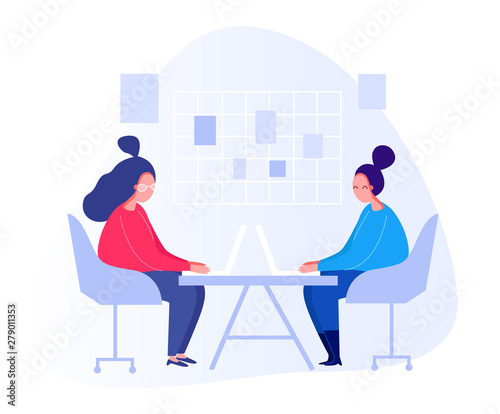 Illustration with women working in the office, making a presentation, negotiating and discussing business issues, developing ideas