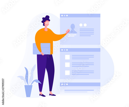 Illustration with a man working in the office, making a presentation, negotiating and discussing business issues, developing ideas