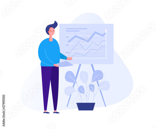 Illustration with a man working in the office, making a presentation, negotiating and discussing business issues, developing ideas