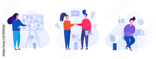Collection of illustrations with people working in the office, making a presentation, negotiating and discussing business issues, developing ideas