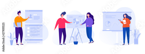 Collection of illustrations with people working in the office, making a presentation, negotiating and discussing business issues, developing ideas