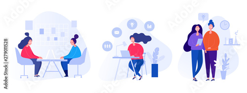 Collection of illustrations with people working in the office, making a presentation, negotiating and discussing business issues, developing ideas