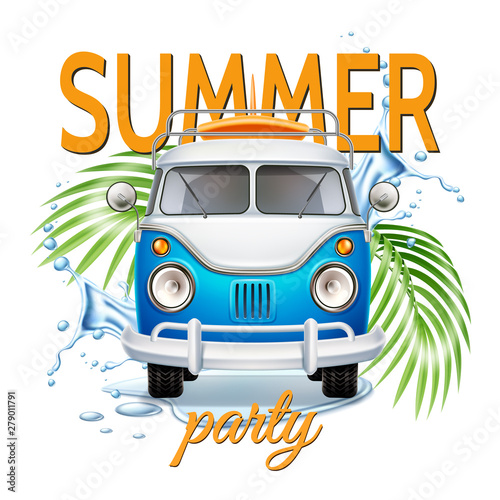 Vector realistic retro blue bus with surfboard