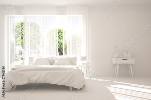 Modern bedroom in white color. Scandinavian interior design. 3D illustration