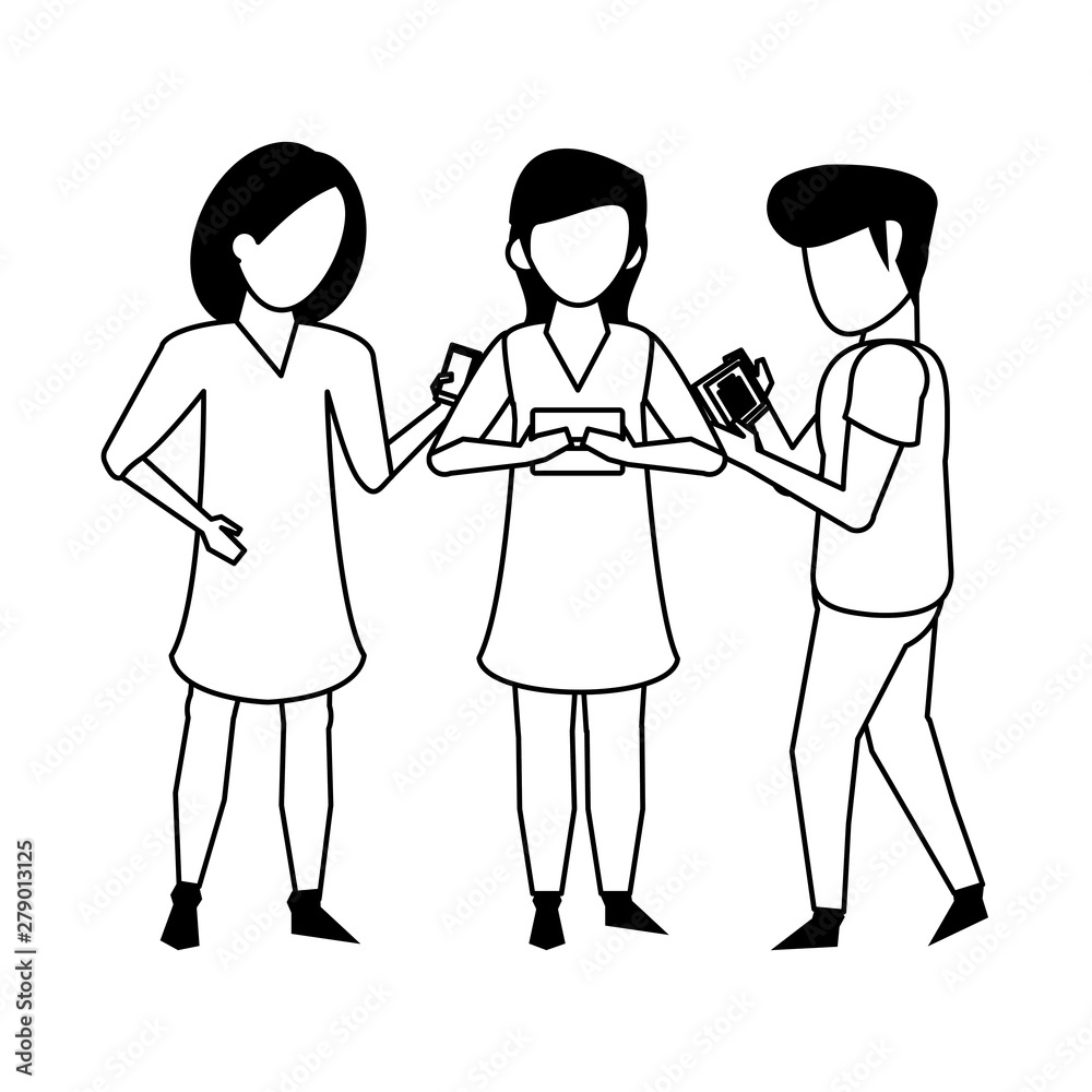 friends using smartphone technology cartoon in black and white friends using smartphone technology cartoon in black and white