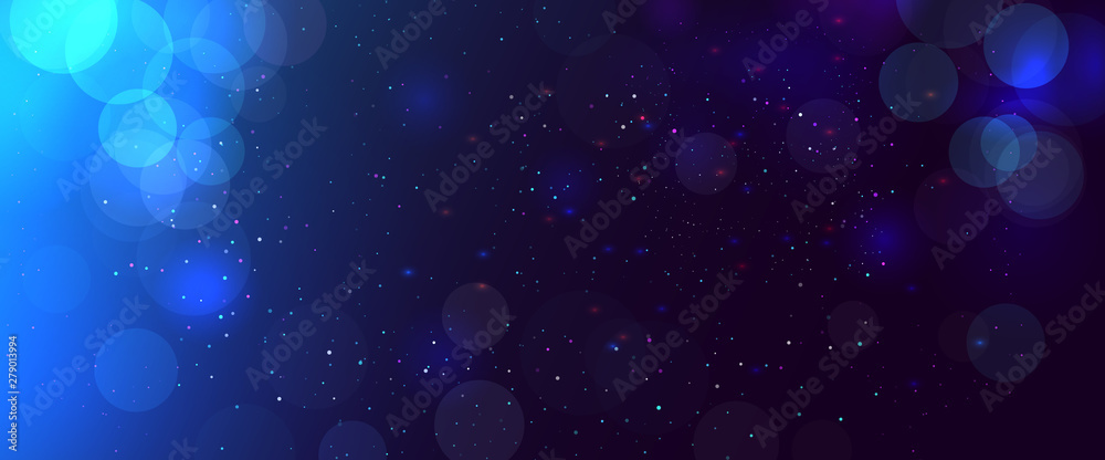 Abstract blurred bokeh blue background with circles. Christmas and New year holiday magic background with snow. Copy space
