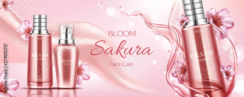 Sakura cosmetics bottles mockup banner, serum, lotion or cream face care beauty cosmetic product tubes on pink background with bloom cherry flowers and water splashes. Realistic 3d vector illustration