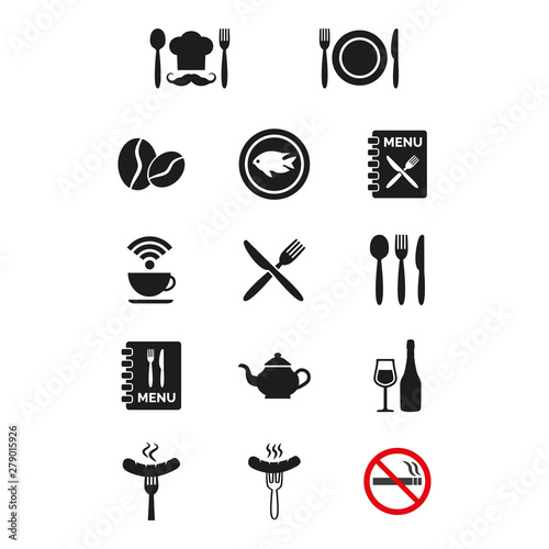 Restaurant and cafe icons set on white background.