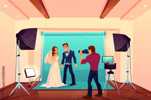 Wedding studio photo shoot with bride and groom posing on backstage with light and professional equipment. Photographer take shots of young bridal couple for family album. Cartoon vector illustration