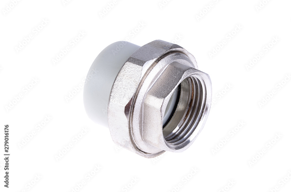Polypropylene threaded coupling on a white background. American polypropylene. Plastic pipes. High temperature soldering. Polypropylene threaded coupling on a white background. American polypropylene. Plastic pipes. High temperature soldering.